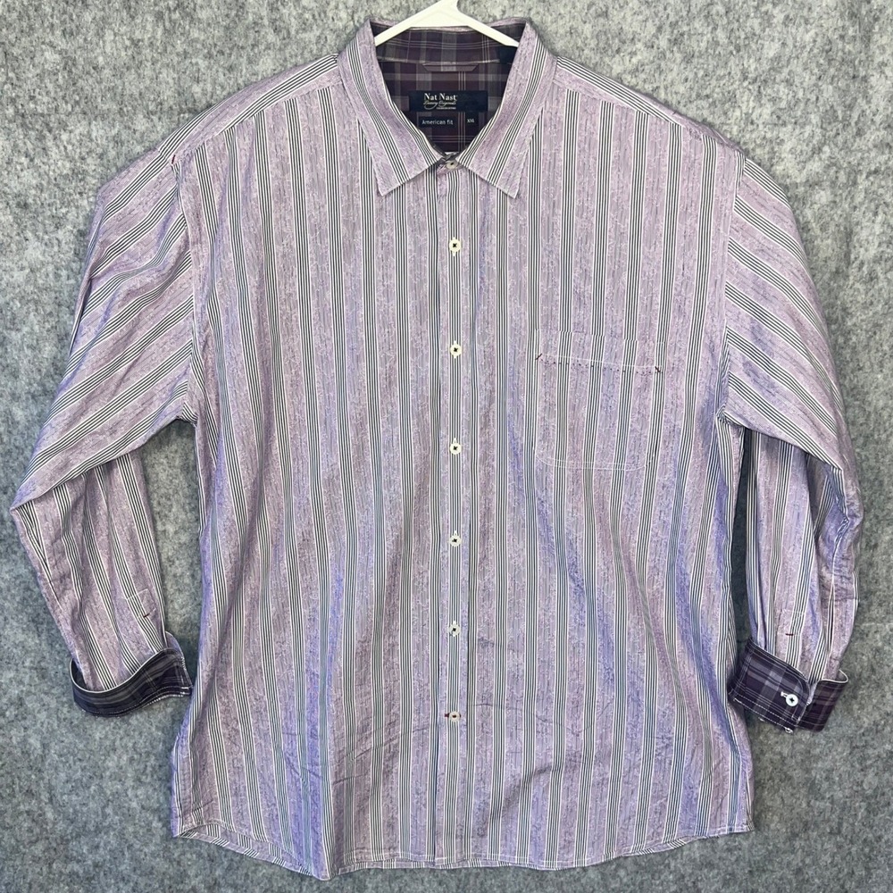 Nat Nast Luxury Originals Men's XXL‎ Purple Striped Cotton Button Up Shirt Fit